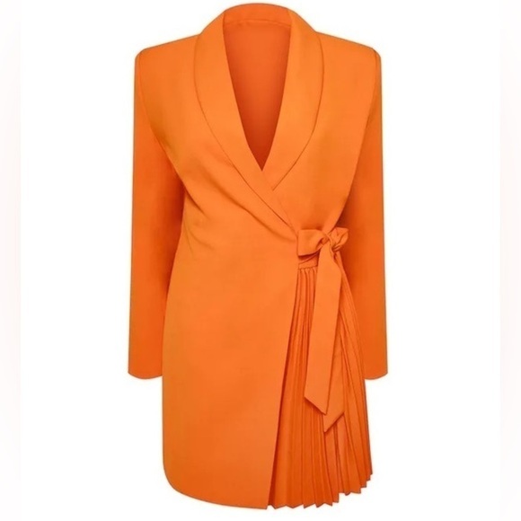 Orange Pleated Blazer Party Brunch Vacation Wedding Guest Dress - Picture 8 of 9